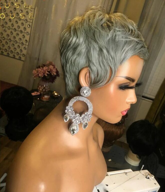 Women's wig short hair silver gray mechanism rose net chemical fiber wig head set Pixie cut wig - Image 3