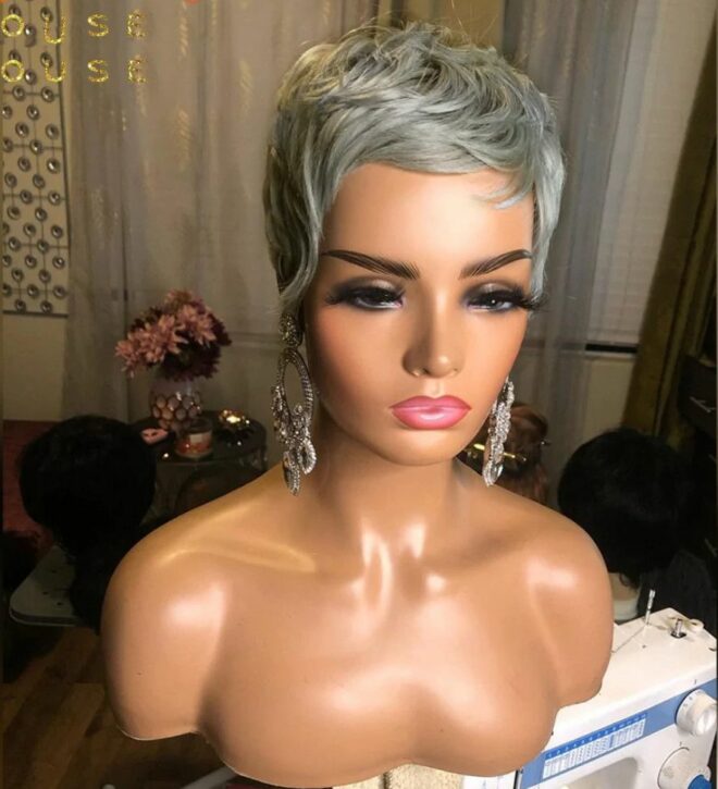 Women's wig short hair silver gray mechanism rose net chemical fiber wig head set Pixie cut wig - Image 4