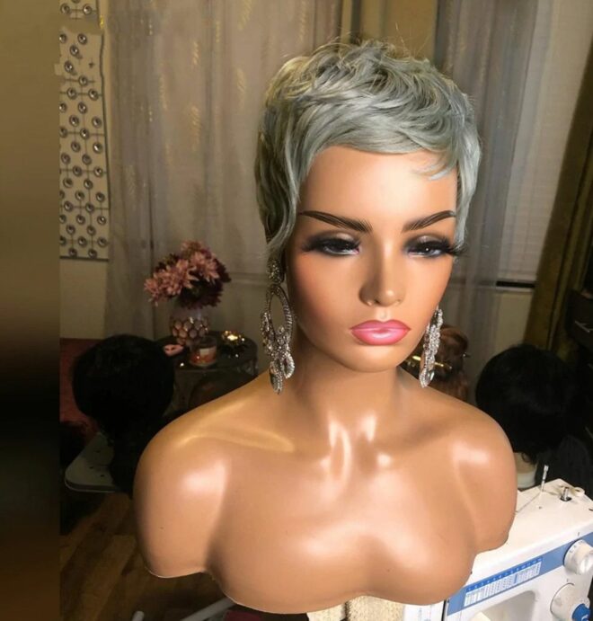 Women's wig short hair silver gray mechanism rose net chemical fiber wig head set Pixie cut wig - Image 5