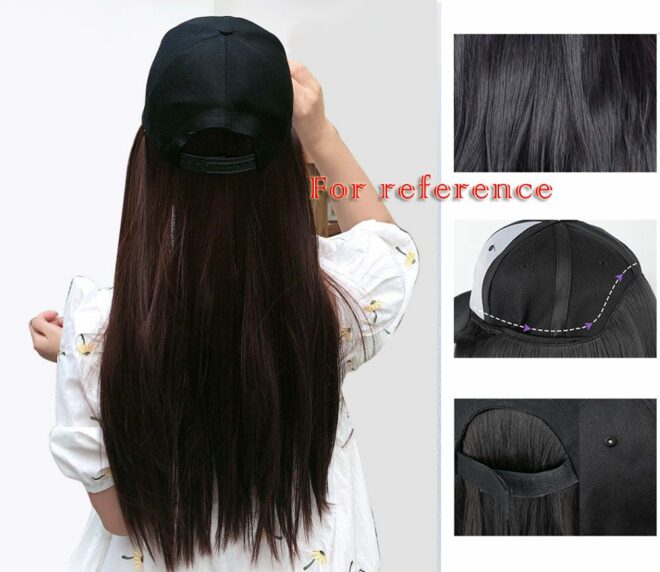 Hat Hair Extension Baseball Cap With Black Long Straight Synthetic Hair Attached Adjustable Wig Cap - Image 2