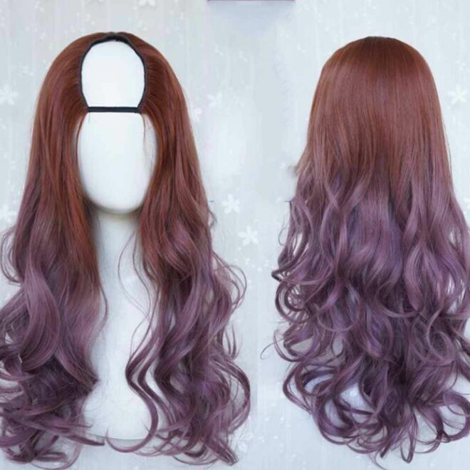 Light Brown Purple Ash 65 cm U Shape 2 Tone Long Curly Hair Wig Cosplay Full Wig Halloween Dress Up - Image 2