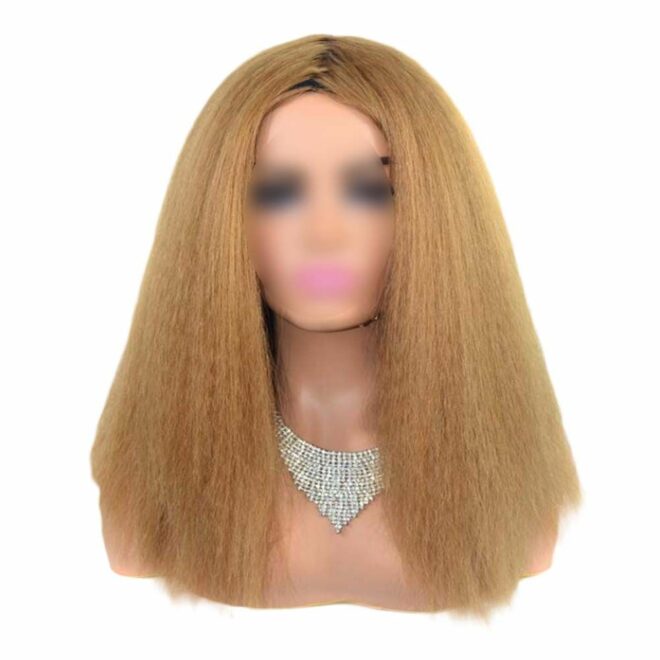 Khaki Afro Straight Bob Wigs Fluffy Synthetic Hair Yaki Straight Curly Medium Part Bang Full Wigs, 14Inch - Image 2