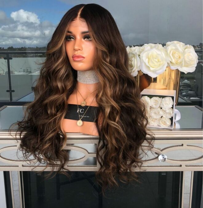 Long Wavy Brown Root Honey Blonde Ombre Wig Half Hand Tied Heat Friendly Synthetic Lace Front Wig - Image 2