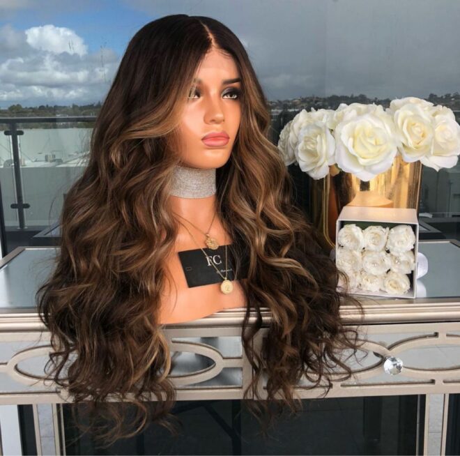 Long Wavy Brown Root Honey Blonde Ombre Wig Half Hand Tied Heat Friendly Synthetic Lace Front Wig - Image 3