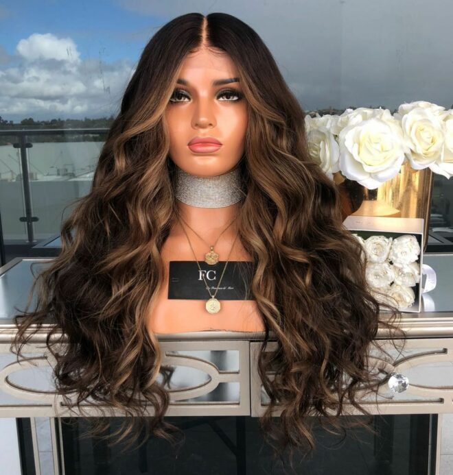 Long Wavy Brown Root Honey Blonde Ombre Wig Half Hand Tied Heat Friendly Synthetic Lace Front Wig - Image 4