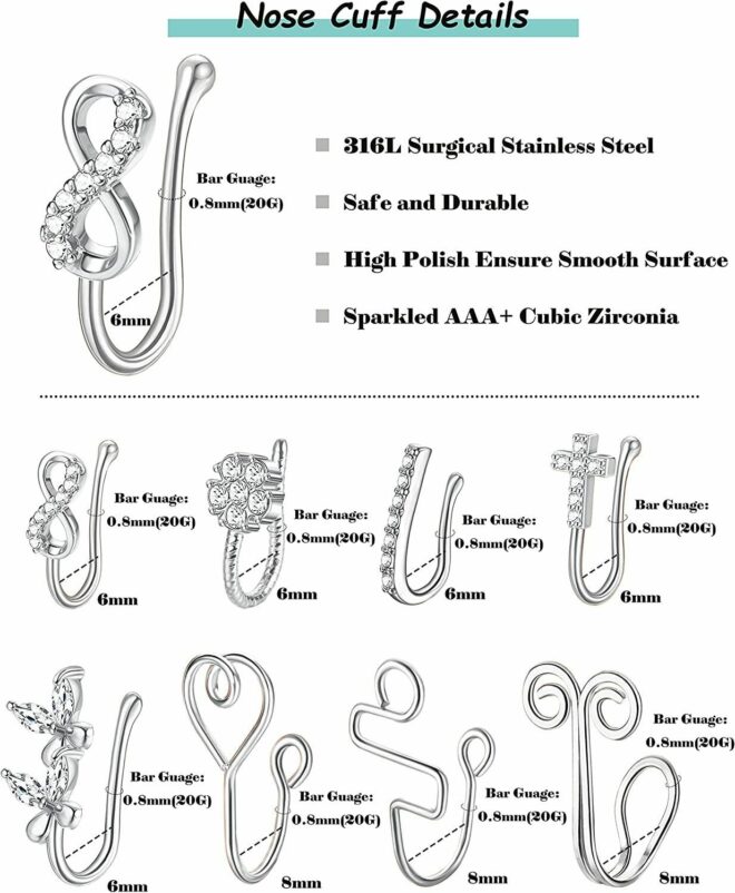 African Nose Cuff Non Piercing 316L Stainless Fake Nose Ring for Women Men Faux Nose Rings Clip on Adjustable 8 Pcs - Image 6