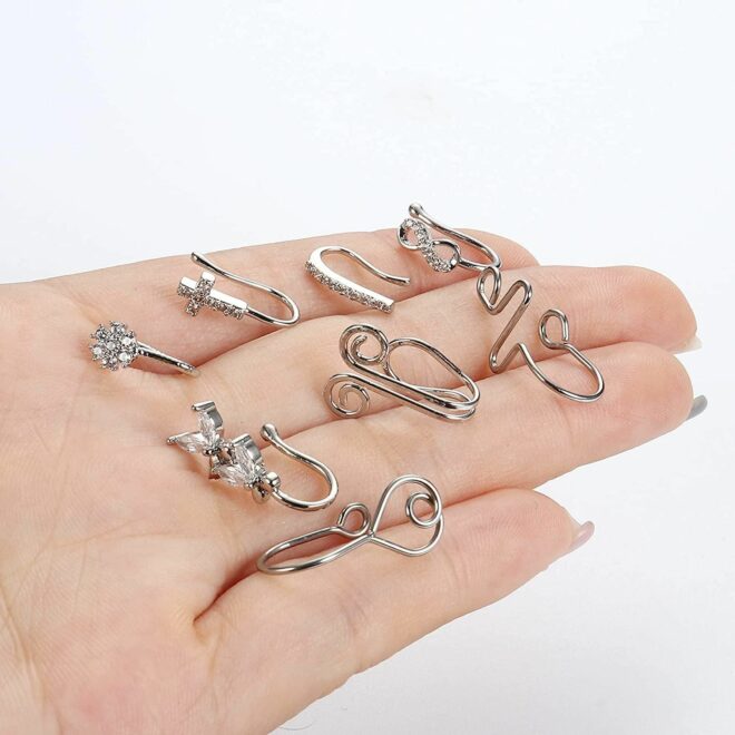 African Nose Cuff Non Piercing 316L Stainless Fake Nose Ring for Women Men Faux Nose Rings Clip on Adjustable 8 Pcs - Image 7