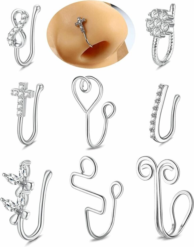 African Nose Cuff Non Piercing 316L Stainless Fake Nose Ring for Women Men Faux Nose Rings Clip on Adjustable 8 Pcs