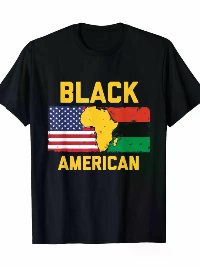 Men'S T-shirt 220g 100% Cotton - Black American design with Pan-African and American Flag T-Shirt - Image 19