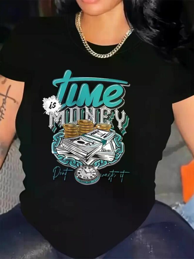 Women's T-Shirt with Time Money Dollar Print, Casual Crew Neck Short Sleeve Top for All Seasons, Sports Style Knit Fabric Tee