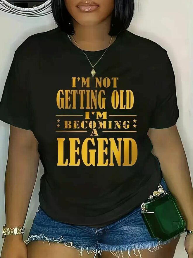 Women's Plus Size "Legend" Graphic Tee - 100%, Crew Neck, Short Sleeve Casual Sport Top with Bold Yellow Print, Black, Spring/Summer Essential,