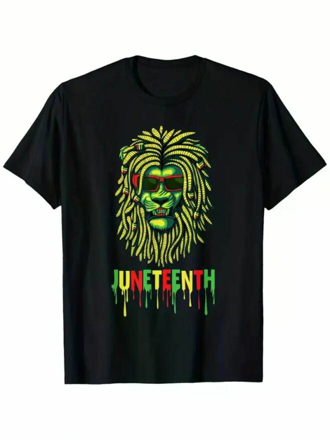 Lion Juneteenth Tee Cool Black History African American Flag T-Shirt, 100% Cotton, Single Side Printed, Black Short Sleeve T-shirt