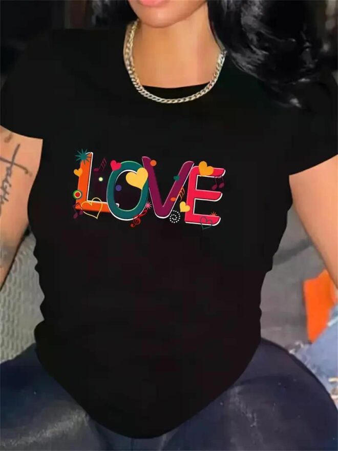 Large Size 220g, Valentine'S Day Love Letter Pattern Short-sleeved Casual Top, Fashionable Loose And Comfortable Round Neck Sports T-shirt, Women'S Sportswear - Image 7