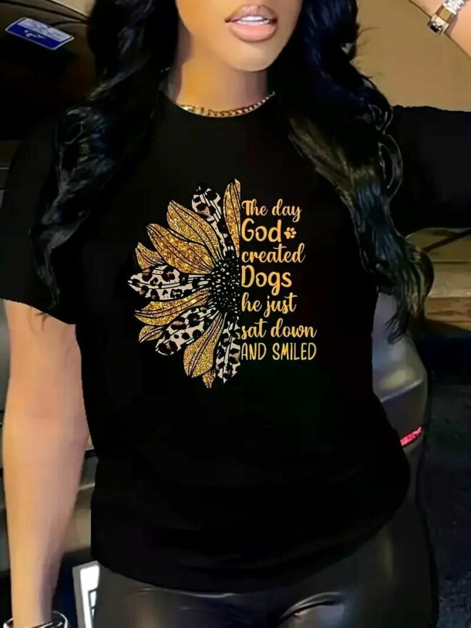 Women'S Floral & Letter Print T-Shirt - Comfortable Crew Neck, Short Sleeve Casual Sport Top