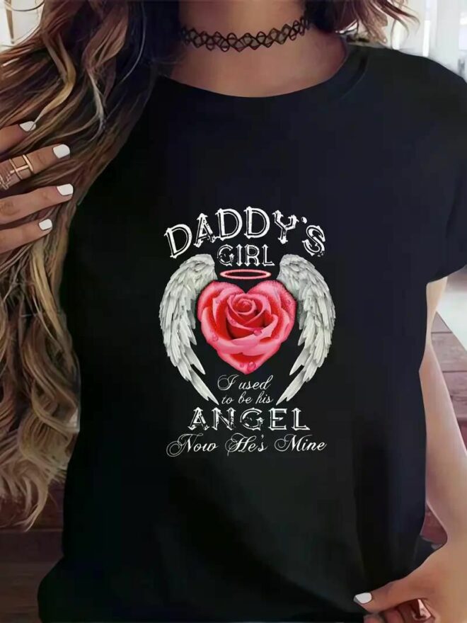 Women's Plus Size Angel Wings & Roses Graphic T-Shirt - "Daddy's Girl" Slogan, Soft Crew Neck Tee, Medium Stretch Knit Fabric, Casual Sports Style - Image 7