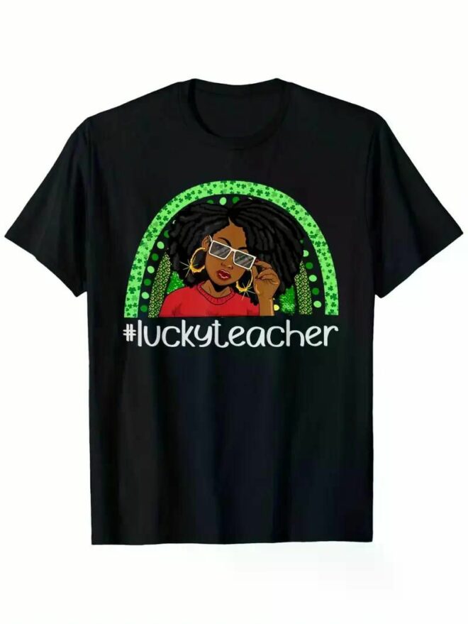 Lucky Teacher St. Patrick's Day African American St. Patrick's Day Party T-Shirt, 100% Cotton, Single Side Print, Black Short Sleeve T-Shirt - Image 7