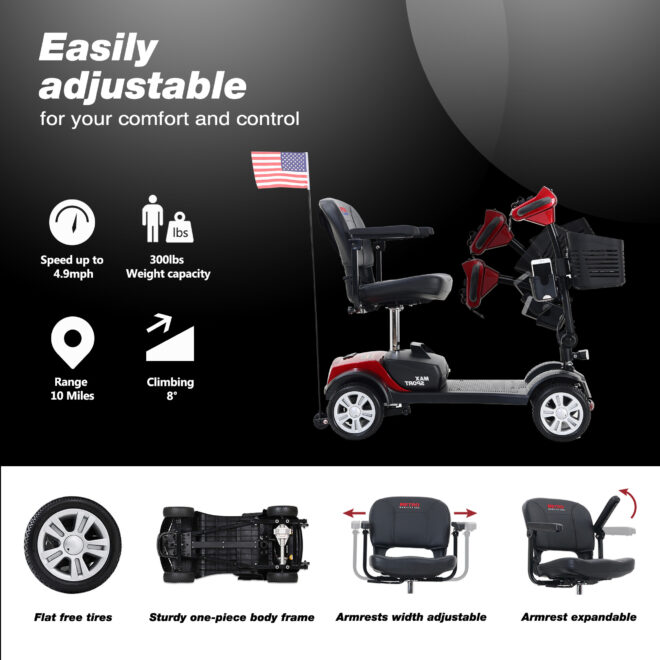MAX SPORT RED 4 Wheels Outdoor Compact Mobility Scooter with 2pcs*12AH Lead acid Battery - Image 3