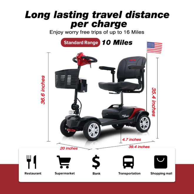 MAX SPORT RED 4 Wheels Outdoor Compact Mobility Scooter with 2pcs*12AH Lead acid Battery - Image 4