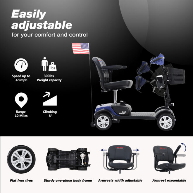 MAX SPORT BLUE 4 Wheels Outdoor Compact Mobility Scooter with 2 in 1 Cup & Phone Holder - Image 4
