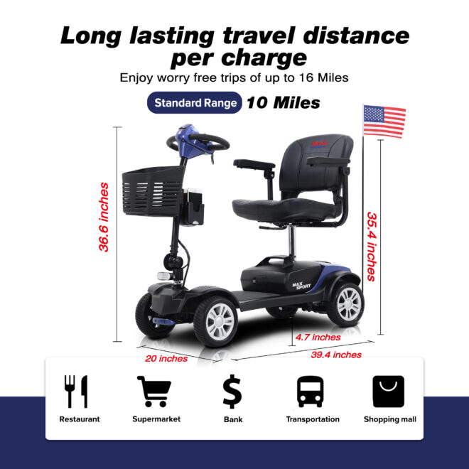 MAX SPORT BLUE 4 Wheels Outdoor Compact Mobility Scooter with 2 in 1 Cup & Phone Holder - Image 5