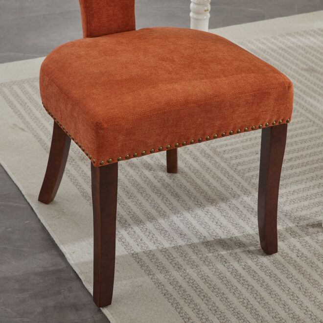 Mid Century Modern Dining Chairs Set of 2, Farmhouse Linen Fabric Upholstered Accent Chair Curved Backrest with Copper Nails around,Kitchen Chairs with Hardwood Frame, Orange - Image 12