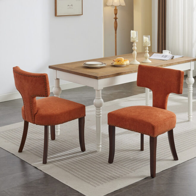 Mid Century Modern Dining Chairs Set of 2, Farmhouse Linen Fabric Upholstered Accent Chair Curved Backrest with Copper Nails around,Kitchen Chairs with Hardwood Frame, Orange - Image 15