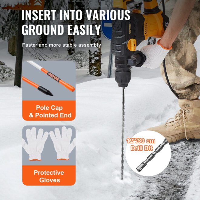 VEVOR Driveway Markers, 100 PCS 48 inch, 0.4 inch Diameter, Orange Fiberglass Poles Snow Stakes with Reflective Tape, 12" Steel Drill Bit & Protection Gloves for Parking Lots, Walkways Easy Visibility - Image 3