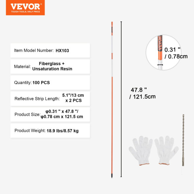 VEVOR Driveway Markers, 100 PCS 48 inch, 0.4 inch Diameter, Orange Fiberglass Poles Snow Stakes with Reflective Tape, 12" Steel Drill Bit & Protection Gloves for Parking Lots, Walkways Easy Visibility - Image 7