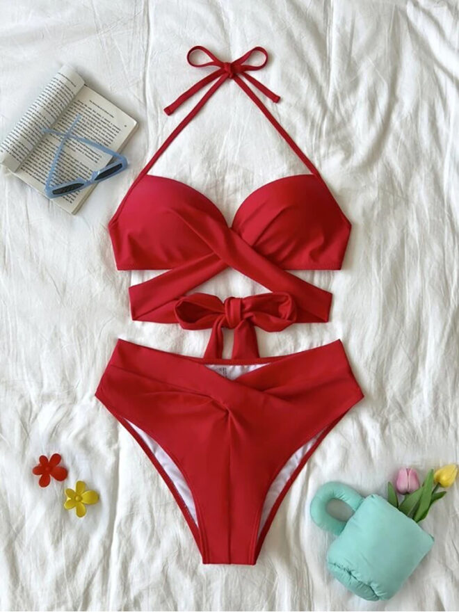Sexy Push Up Bikini 2023 Solid High Waist Swimsuit Women Criss Cross Bandage Bikini Set Female Beachwear Bathing Suit biquini - Image 4