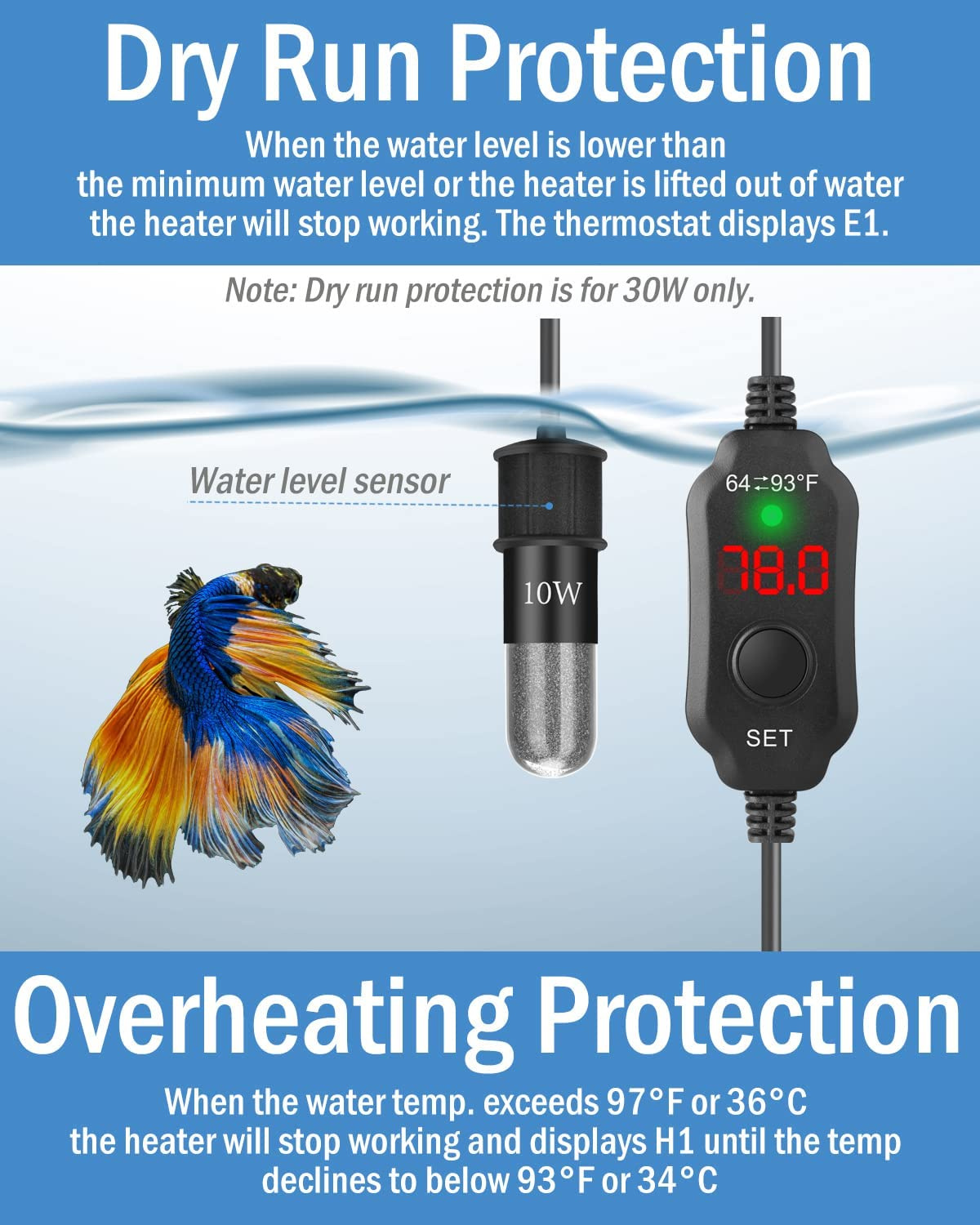 Adjustable 10/20/30W Small Aquarium Heater Submersible Fish Tank Heater Betta Heater Turtle Heater Super Mini Aquarium Heater with Digital Display Thermostat, for 1-6 Gallon Tanks - Image 4