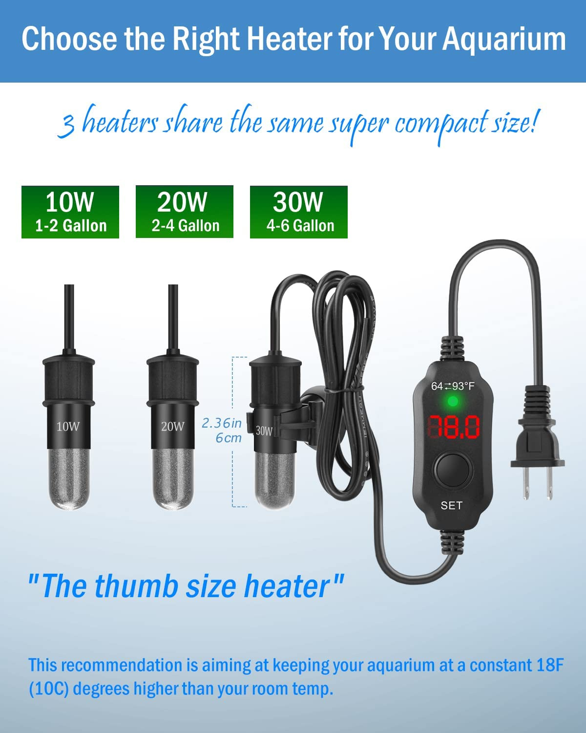Adjustable 10/20/30W Small Aquarium Heater Submersible Fish Tank Heater Betta Heater Turtle Heater Super Mini Aquarium Heater with Digital Display Thermostat, for 1-6 Gallon Tanks - Image 6