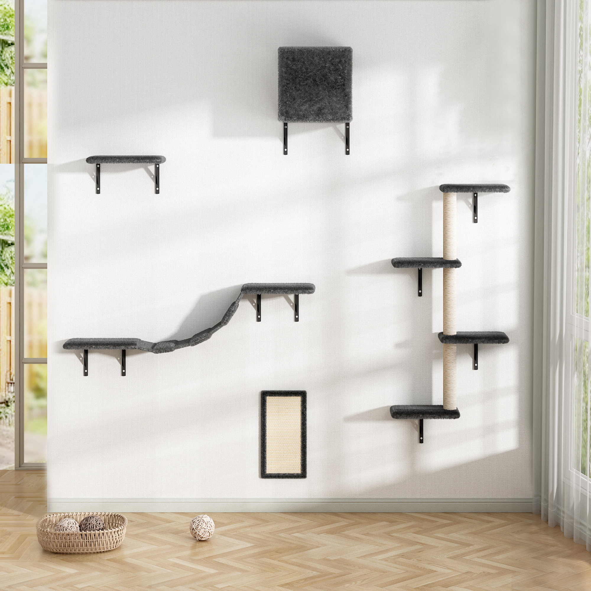 5 Pcs Wall Mounted Cat Climber Set; Floating Cat Shelves and Perches; Cat Activity Tree with Scratching Posts; Modern Cat Furniture - Image 28