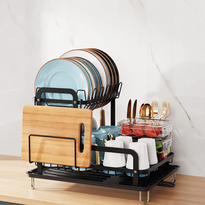 2-Tier Dish Drying Rack for Kitchen Counter Space Saving Rustproof Dish Rack with Drainboard Detachable Kitchen Drainer Organizer Set - Image 10