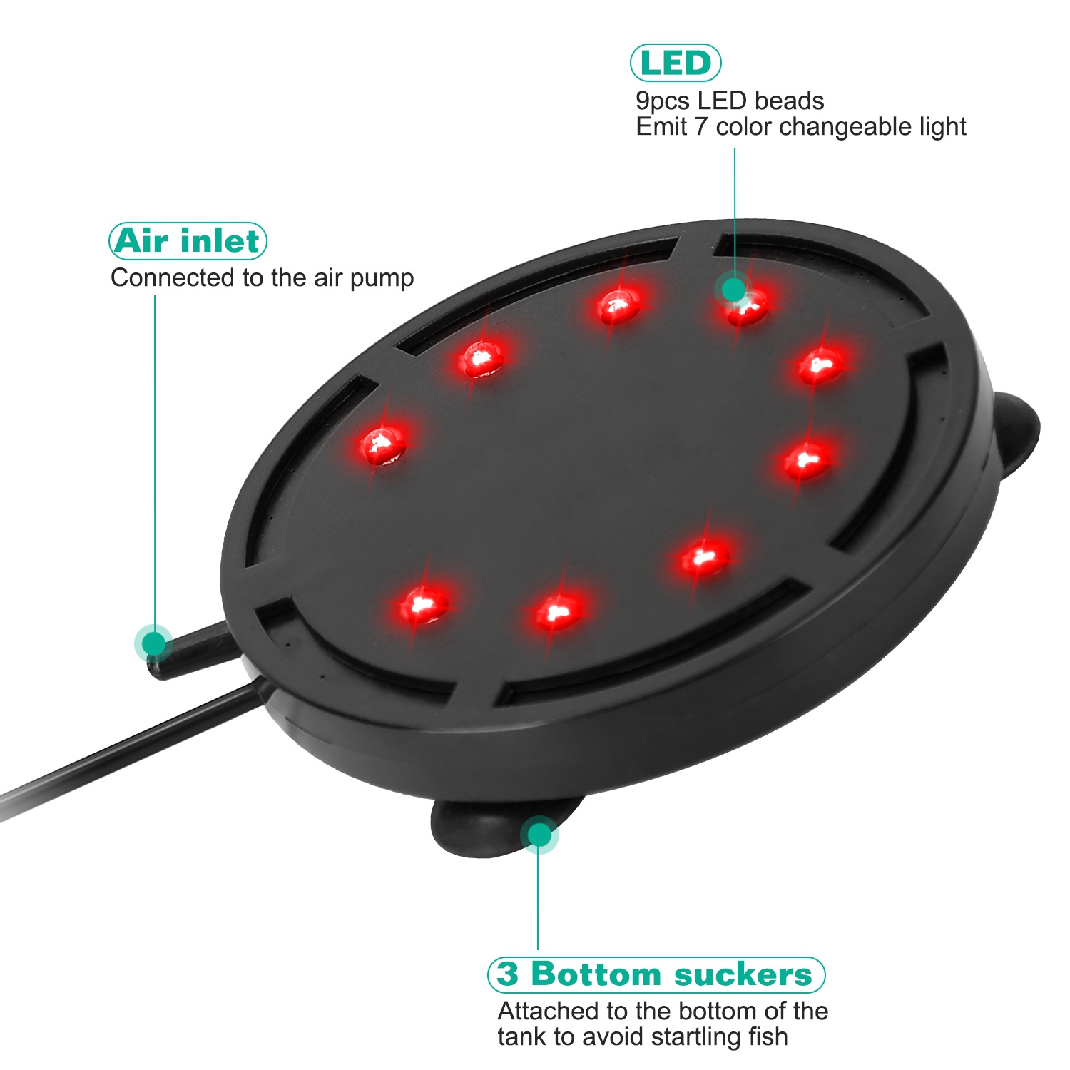 4in LED Aquarium Air Bubble Lamp Multi Colored Submersible Fish Tank Air Stone Disk Lamp Underwater Bubble Light - Image 2