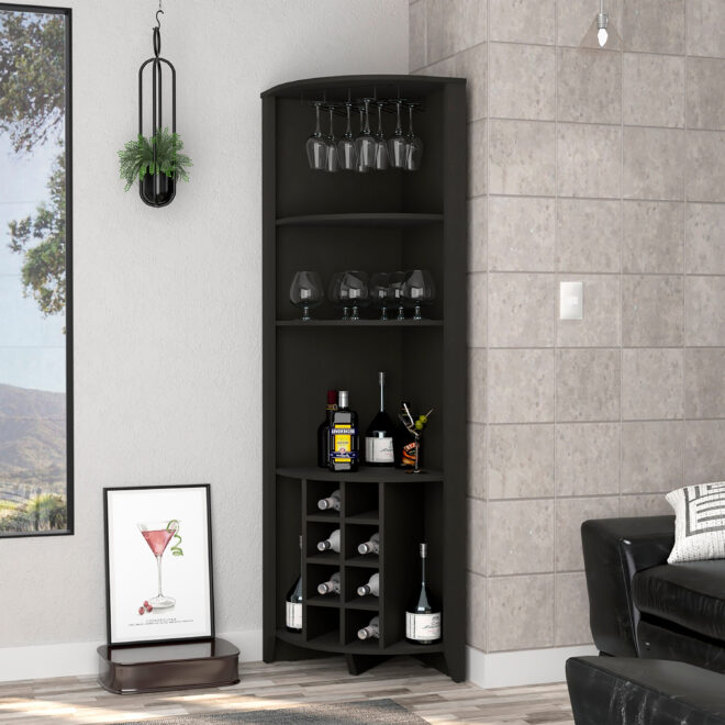 Bouvet Corner Bar Cabinet; Three Shelves; Eight Built-in Wine Rack; Two Side Shelves - Image 2