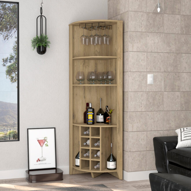 Bouvet Corner Bar Cabinet; Three Shelves; Eight Built-in Wine Rack; Two Side Shelves - Image 3