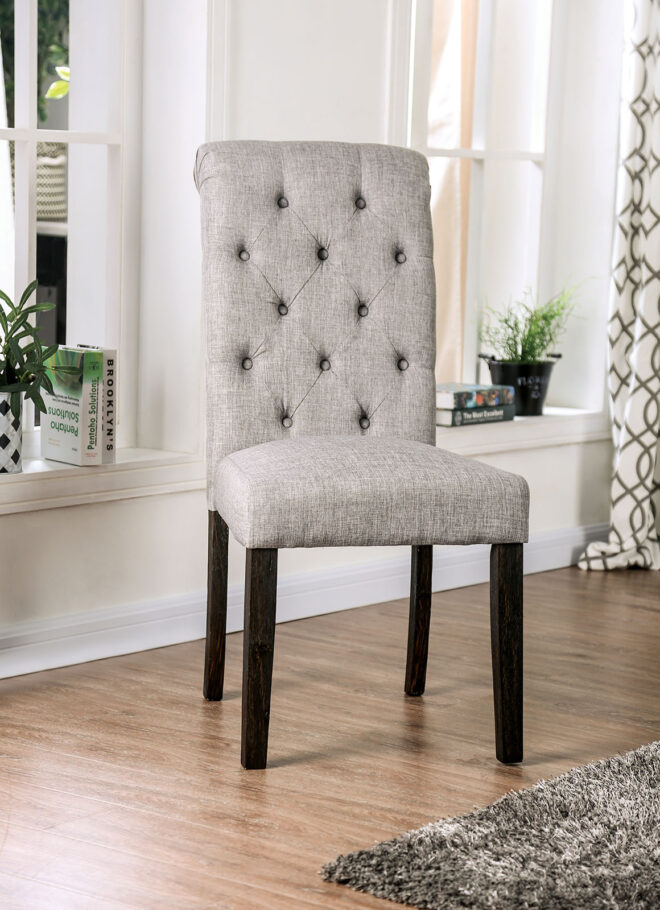 Classic Antique Black / Light Gray Set of 2 Side Chairs Button Tufted Linen Like Fabric Solid wood Chair Upholstered Scroll Back Kitchen Rustic Dining Room Furniture - Image 2