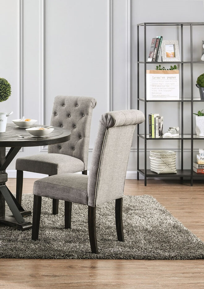 Classic Antique Black / Light Gray Set of 2 Side Chairs Button Tufted Linen Like Fabric Solid wood Chair Upholstered Scroll Back Kitchen Rustic Dining Room Furniture - Image 3