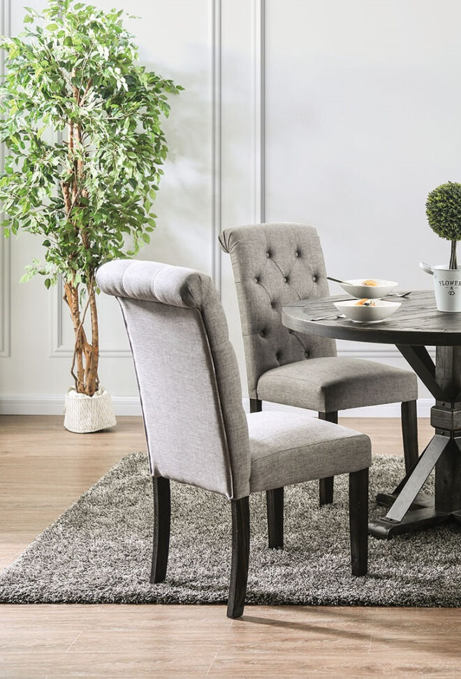 Classic Antique Black / Light Gray Set of 2 Side Chairs Button Tufted Linen Like Fabric Solid wood Chair Upholstered Scroll Back Kitchen Rustic Dining Room Furniture - Image 4