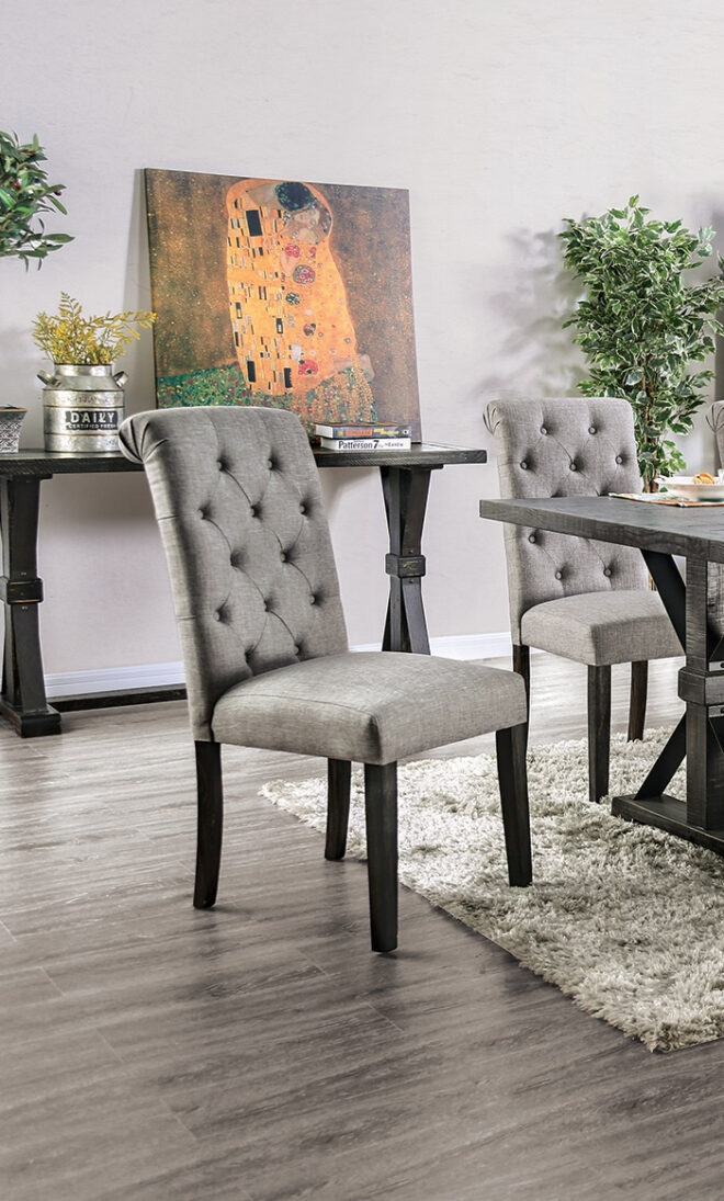 Classic Antique Black / Light Gray Set of 2 Side Chairs Button Tufted Linen Like Fabric Solid wood Chair Upholstered Scroll Back Kitchen Rustic Dining Room Furniture - Image 5