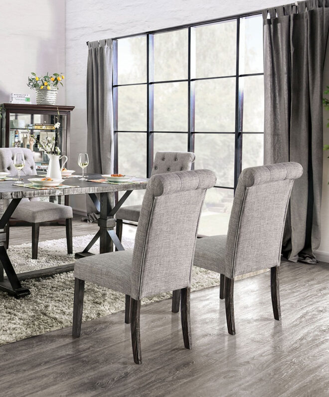 Classic Antique Black / Light Gray Set of 2 Side Chairs Button Tufted Linen Like Fabric Solid wood Chair Upholstered Scroll Back Kitchen Rustic Dining Room Furniture - Image 7