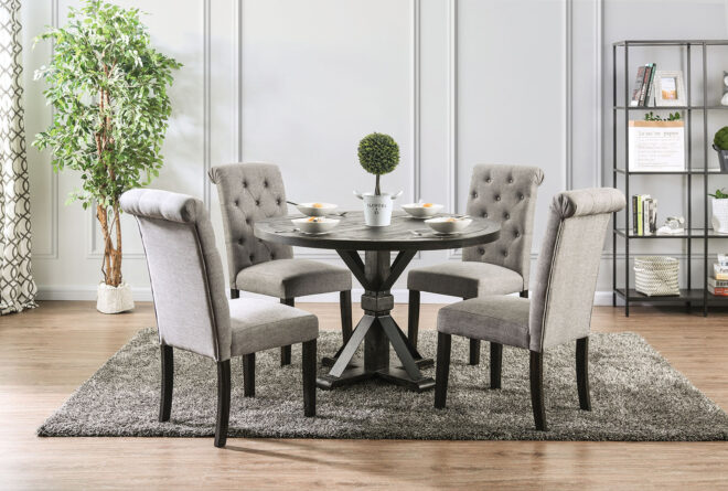Classic Antique Black / Light Gray Set of 2 Side Chairs Button Tufted Linen Like Fabric Solid wood Chair Upholstered Scroll Back Kitchen Rustic Dining Room Furniture - Image 9