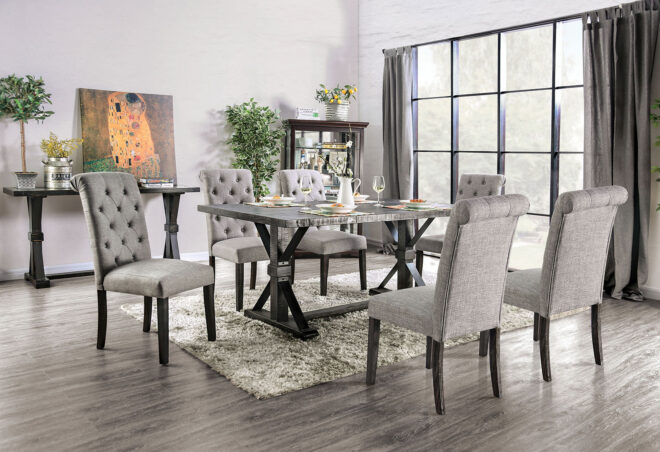 Classic Antique Black / Light Gray Set of 2 Side Chairs Button Tufted Linen Like Fabric Solid wood Chair Upholstered Scroll Back Kitchen Rustic Dining Room Furniture - Image 10