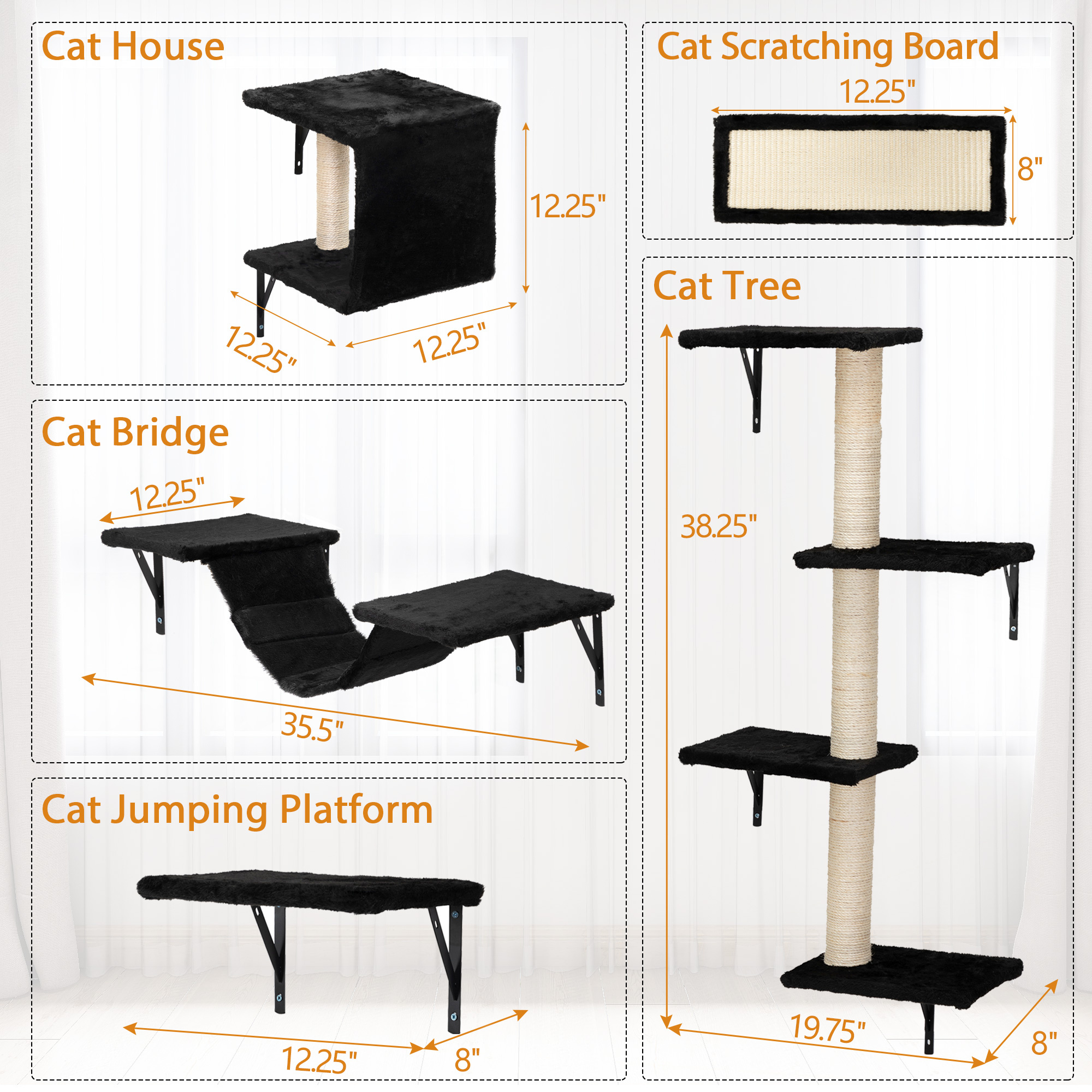 5 Pcs Wall Mounted Cat Climber Set; Floating Cat Shelves and Perches; Cat Activity Tree with Scratching Posts; Modern Cat Furniture - Image 16
