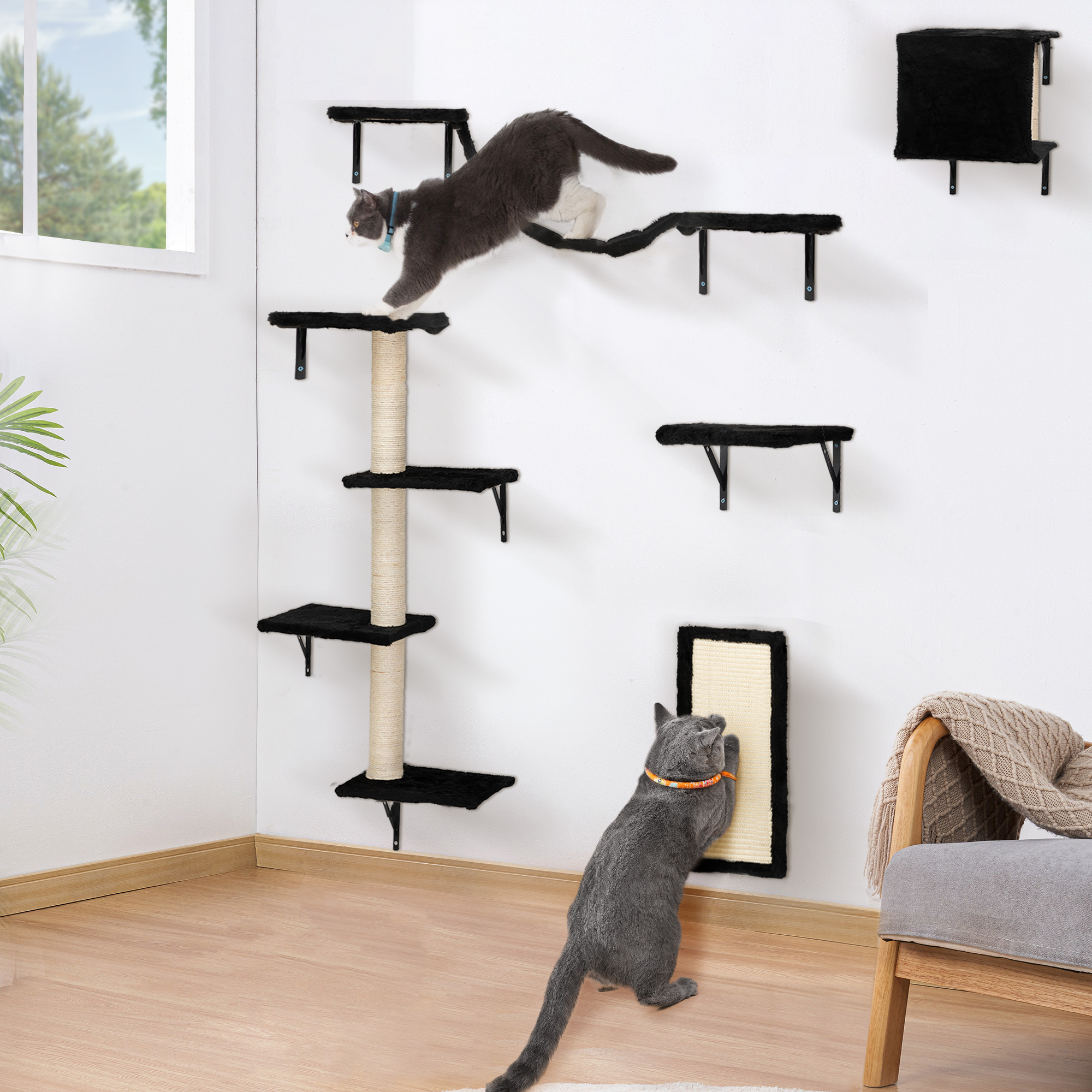 5 Pcs Wall Mounted Cat Climber Set; Floating Cat Shelves and Perches; Cat Activity Tree with Scratching Posts; Modern Cat Furniture