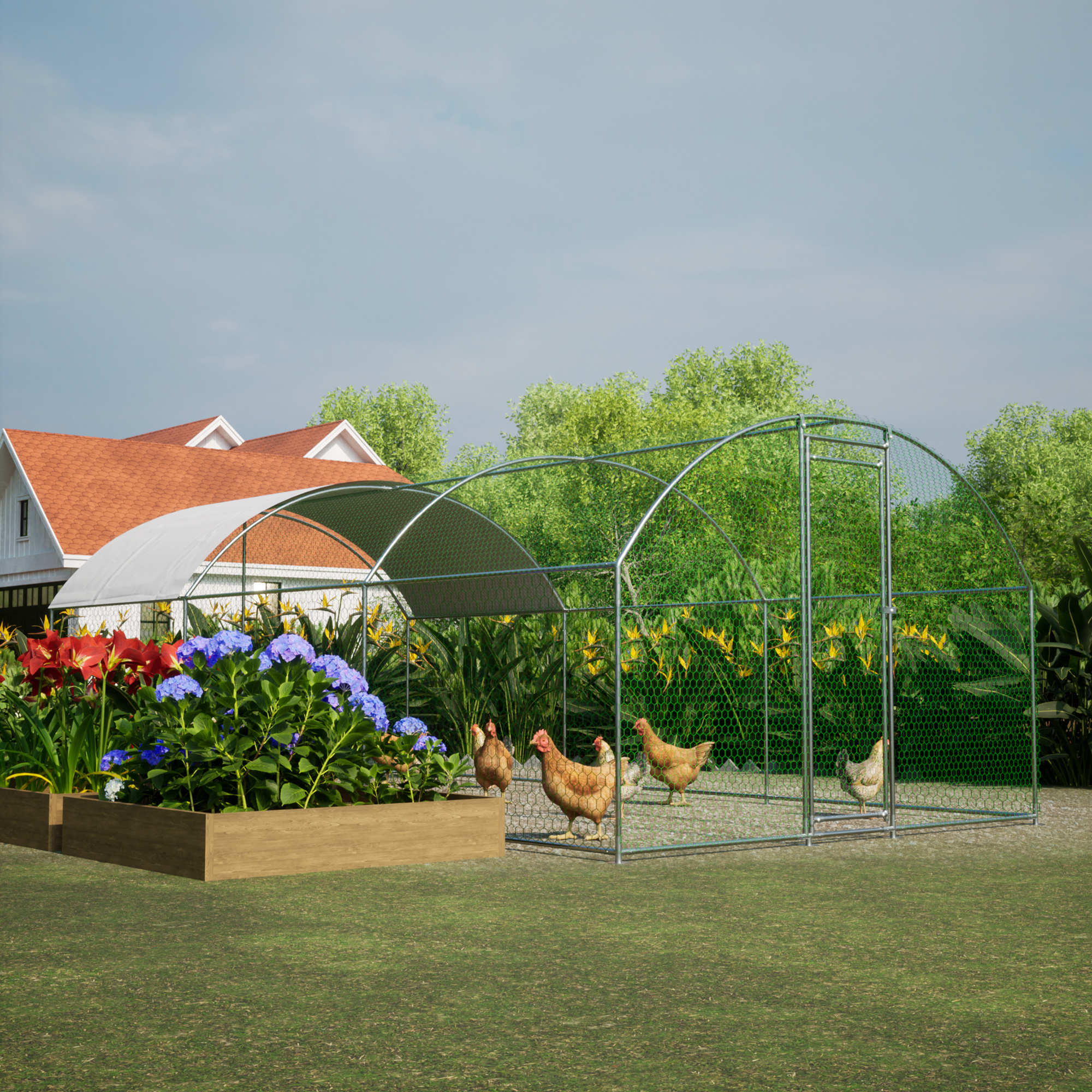 Large Chicken Coop Metal Chicken Run with Waterproof and Anti-UV Cover, Dome Shaped Walk-in Fence Cage Hen House for Outdoor and Yard Farm Use, 1" Tube Diameter, 9.84' x 19.68' x 6.56' - Image 5