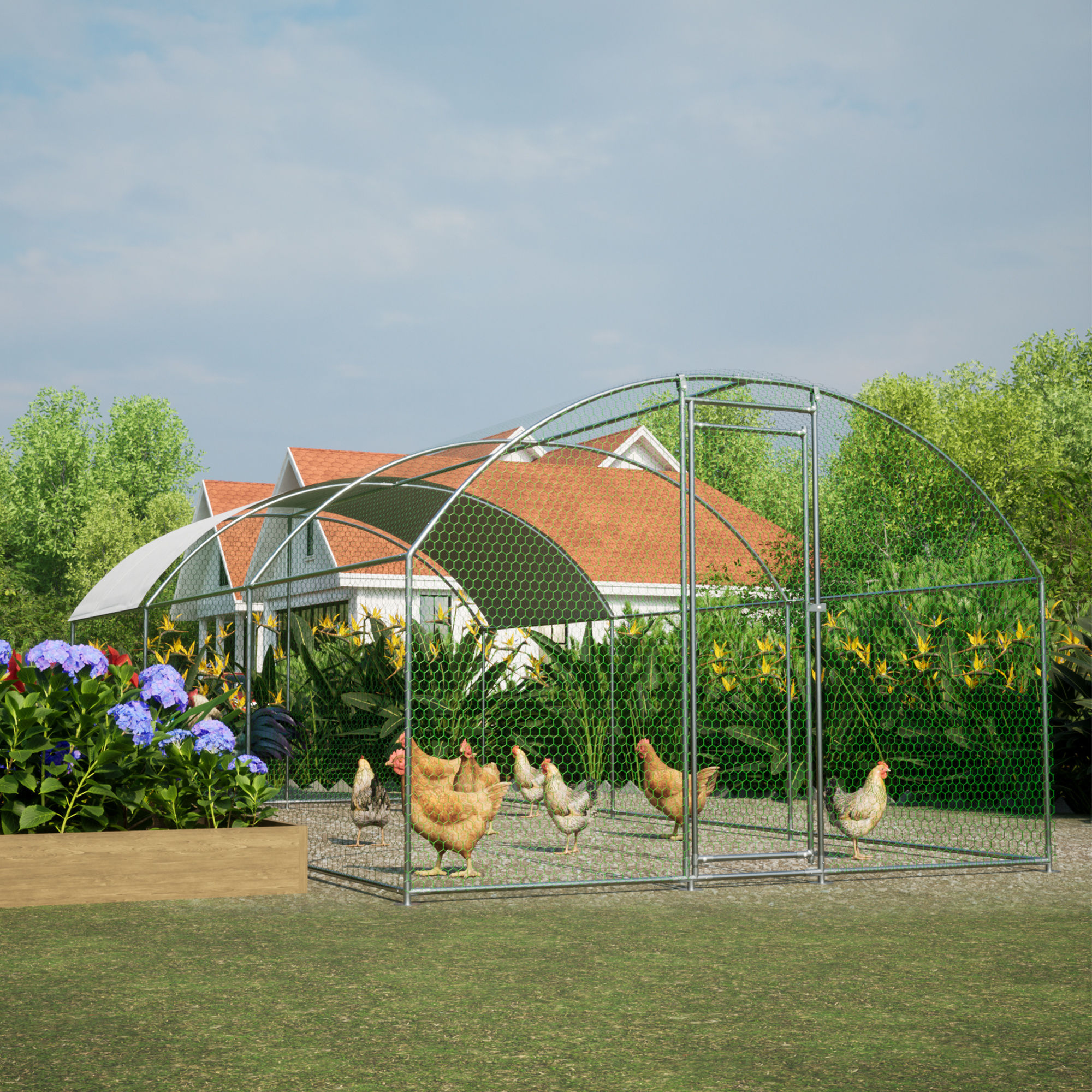 Large Chicken Coop Metal Chicken Run with Waterproof and Anti-UV Cover, Dome Shaped Walk-in Fence Cage Hen House for Outdoor and Yard Farm Use, 1" Tube Diameter, 9.84' x 19.68' x 6.56' - Image 8