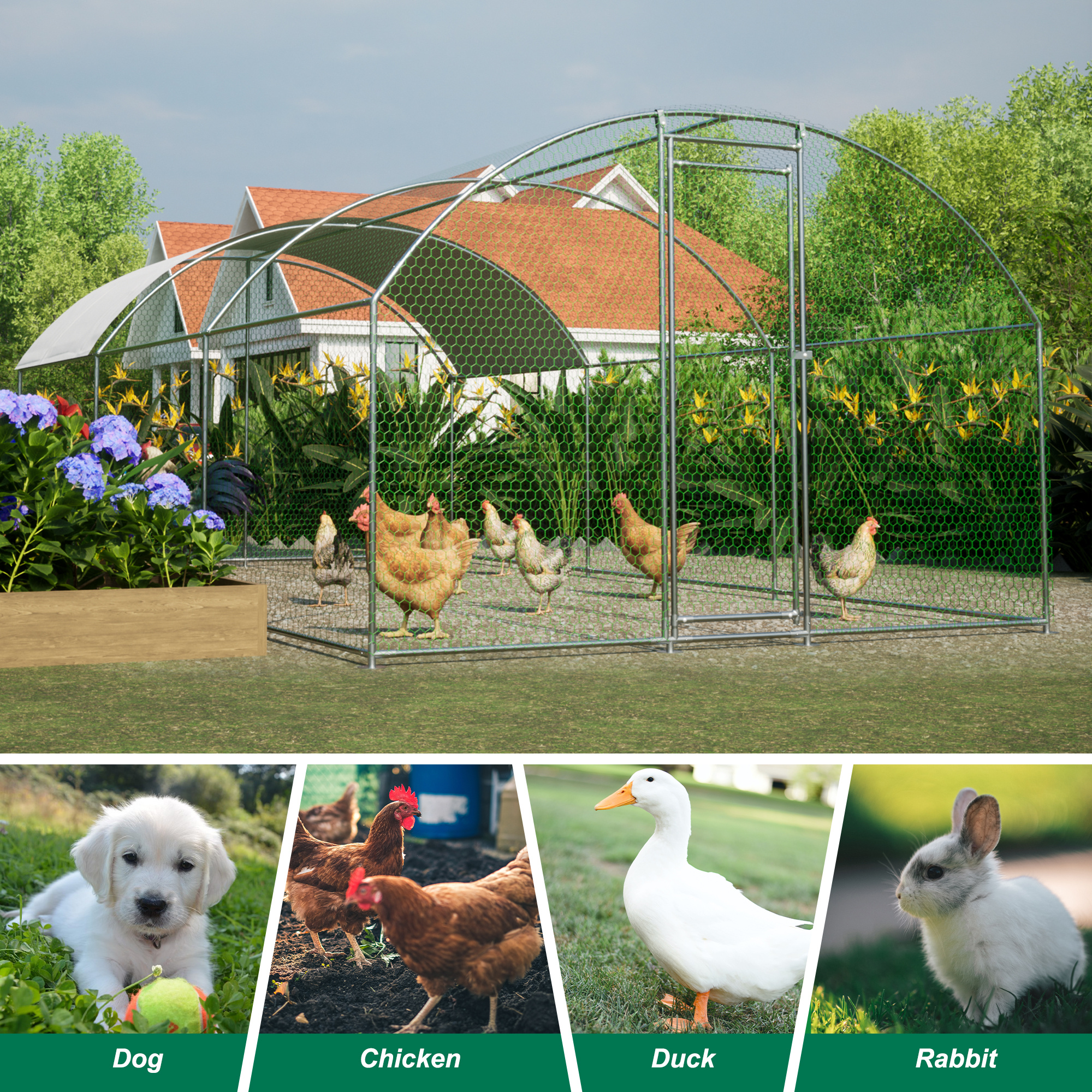 Large Chicken Coop Metal Chicken Run with Waterproof and Anti-UV Cover, Dome Shaped Walk-in Fence Cage Hen House for Outdoor and Yard Farm Use, 1" Tube Diameter, 9.84' x 19.68' x 6.56' - Image 9