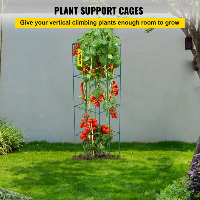 VEVOR Tomato Cages, 14.6" x 14.6" x 39.4", 6 Packs Square Plant Support Cages, Green PVC-Coated Steel Tomato Towers for Climbing Vegetables, Plants, Flowers, Fruits - Image 2