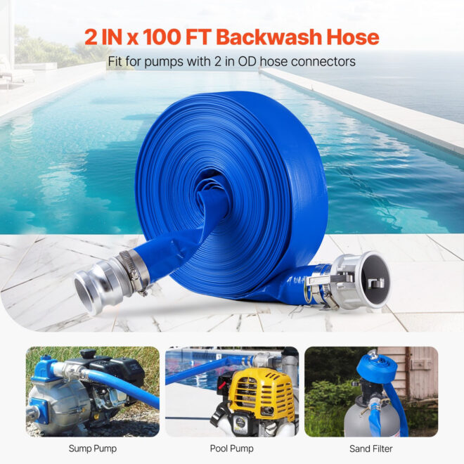 VEVOR Backwash Hose 2 in x 100 ft Blue High Quality Hose Complete Fittings - Image 2